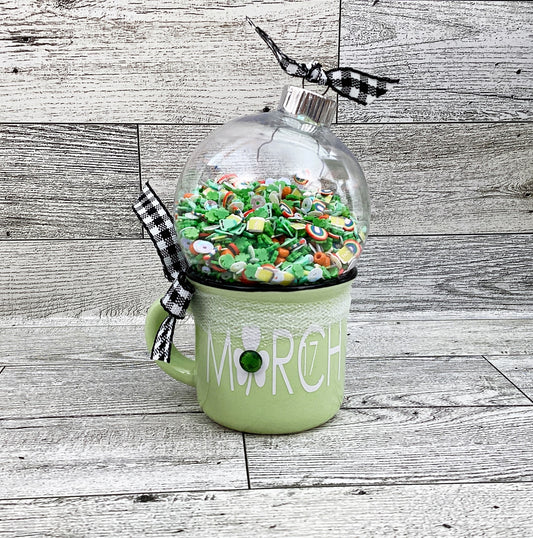 St Patrick Decor, March 17th, Mini Mug Shaker Cup, Irish Clay Sequins, Tier Tray