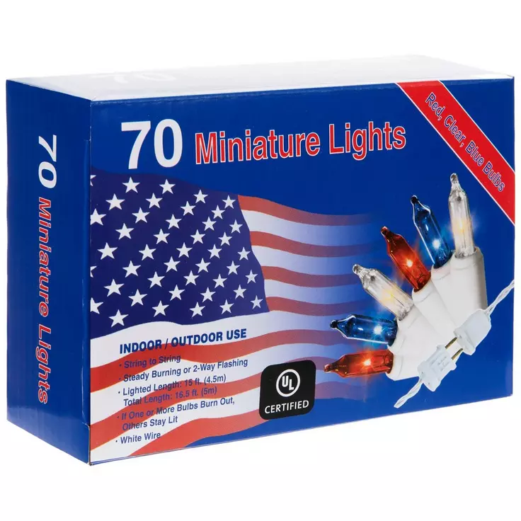 HL String Lights - Patriotic 70 Red White Blue Bulbs White Cord