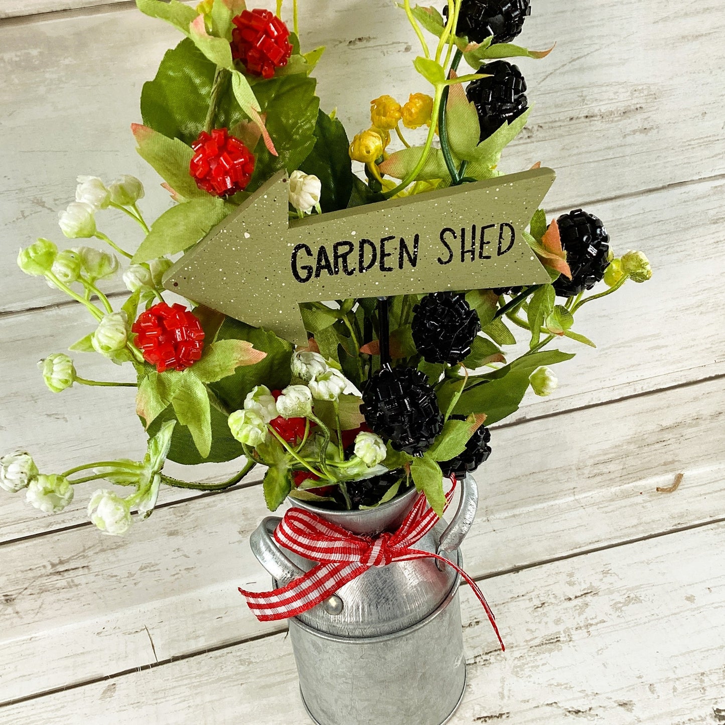 AGD Summer Decor - Red Blue Berries Galvanized Metal Floral Milk Can