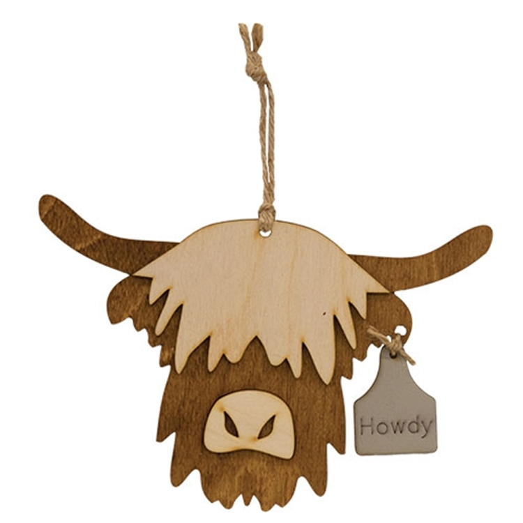 CWI Fall Decor - Wooden Howdy Layered Highland Cow Ornament