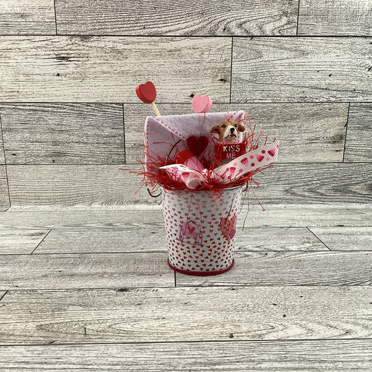 AGD Valentines Decor - Miniature Kiss Me Tin Pail Resin Puppy Dog Display