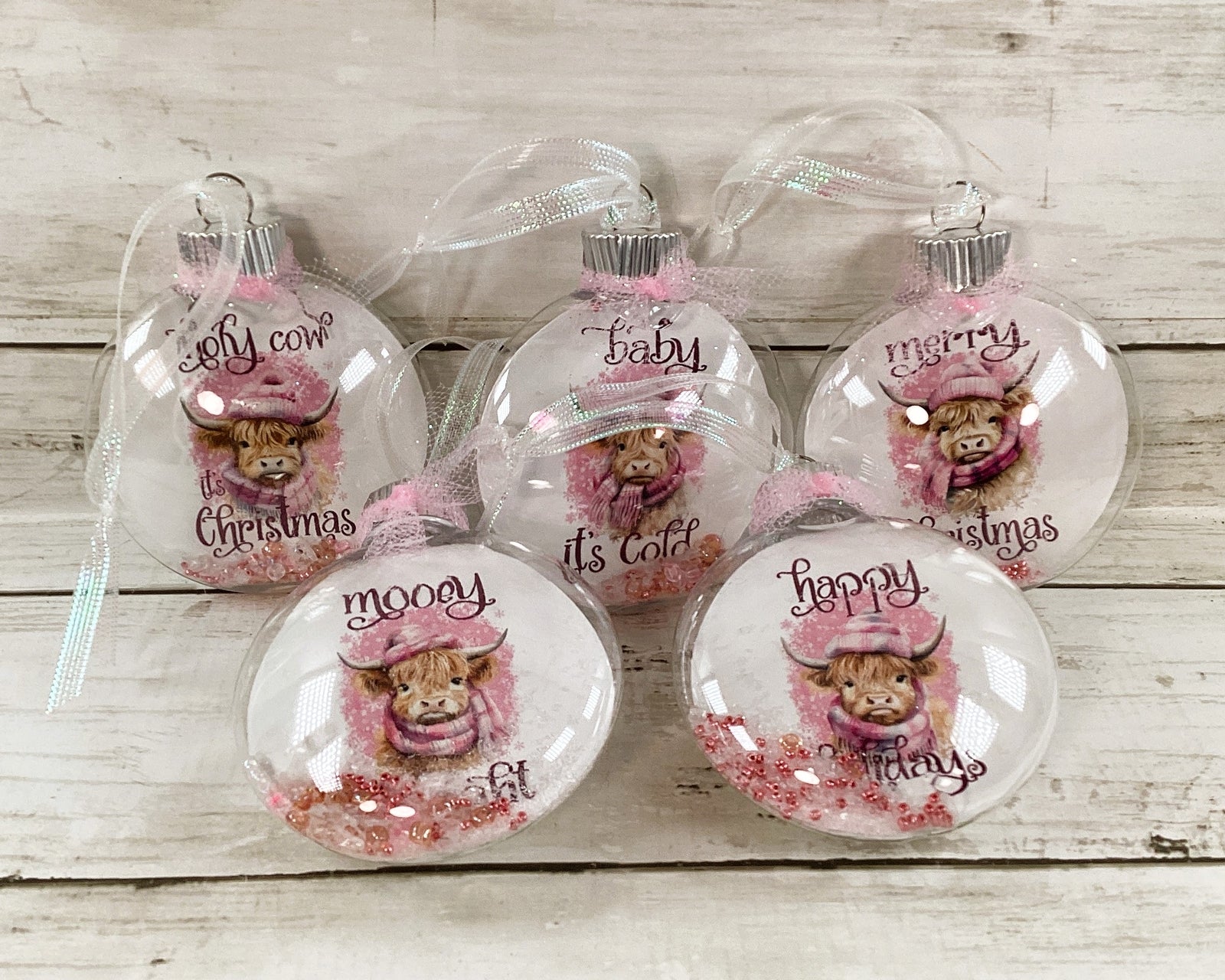 AGD Christmas Decor - Pink Highland Cow Fillable Ornaments 5pc Set