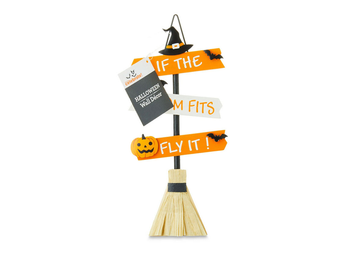 WM Halloween Decor _White Orange Broom Fit's Fly It Wood Sitter