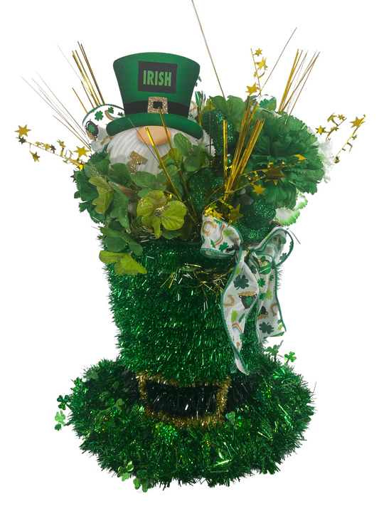 AGD St Patrick's Decor - Large Green Lighted Tinsel Tophat Centerpiece