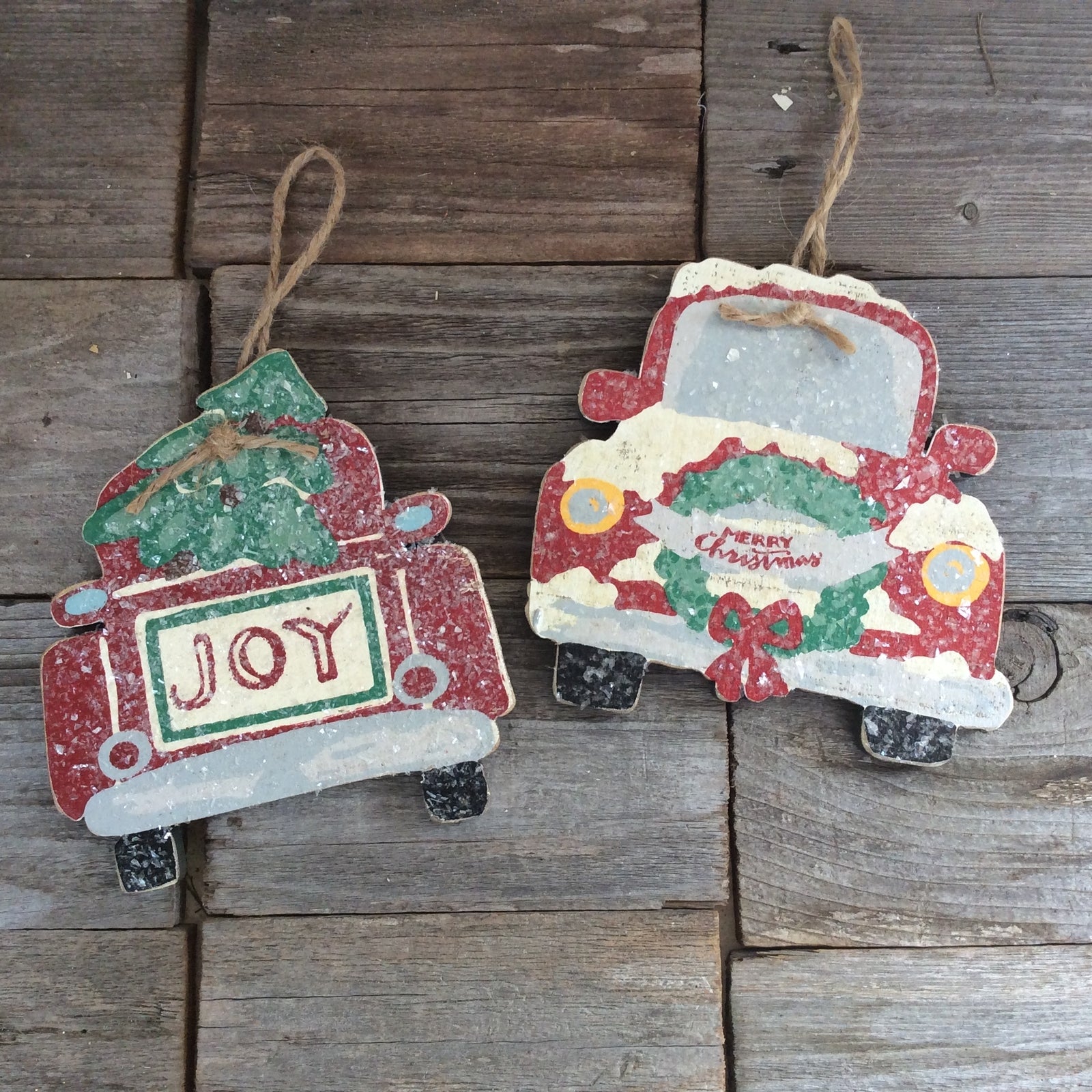 AGD Christmas Decor - Merry And Joy Red Truck Ornaments 2pc Set