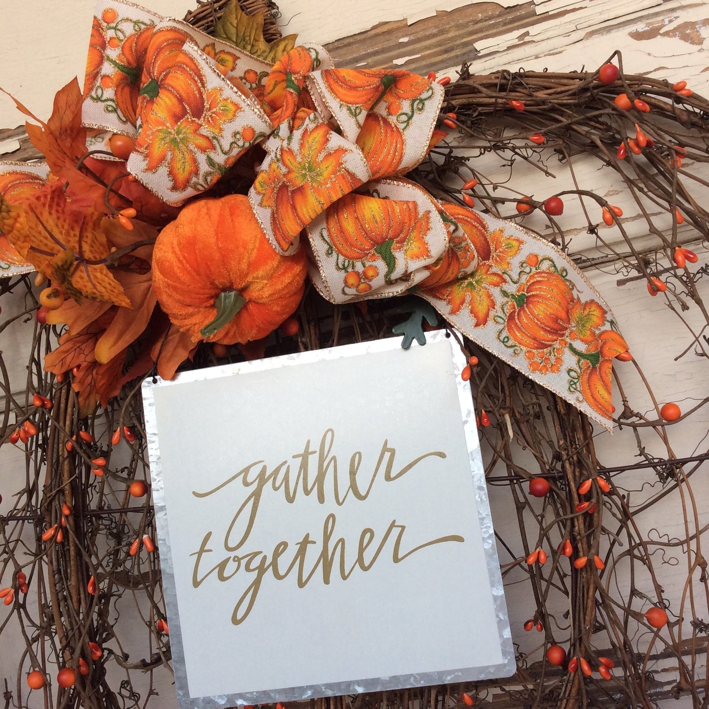 AGD Fall Decor - Flat Grapevine Pumpkin Gather Together XX Large Wreath