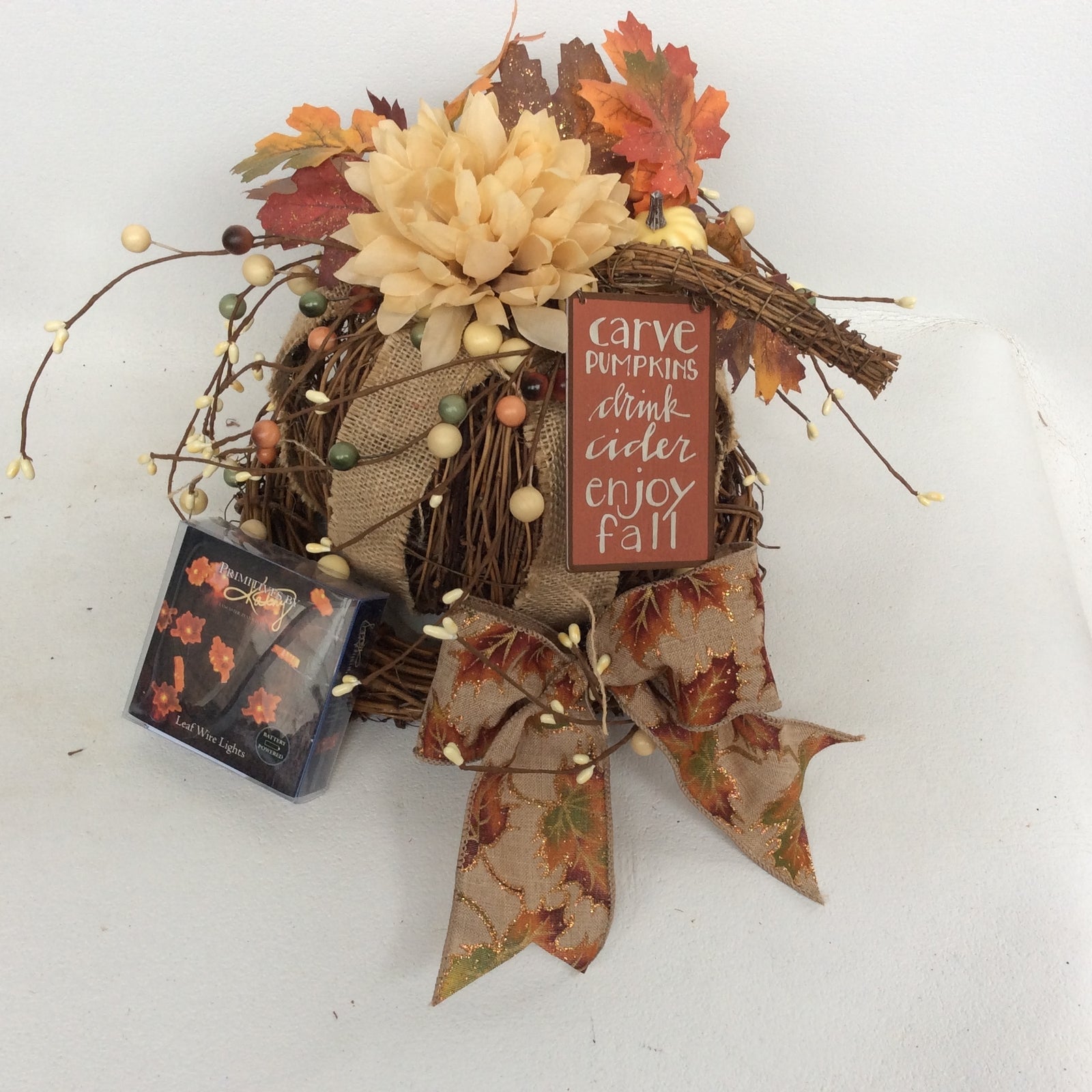 AGD Fall Decor-  Sentiments Lighted Floral Grapevine Pumpkin Display