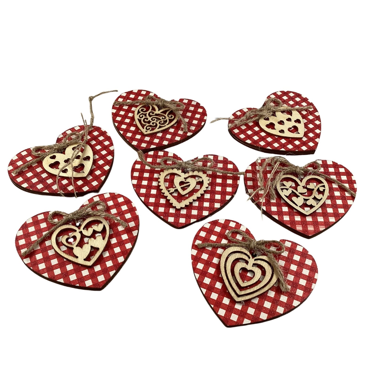 AGD Valentines Decor - Pink Red White Plaid Layer Wood Ornaments 7pc