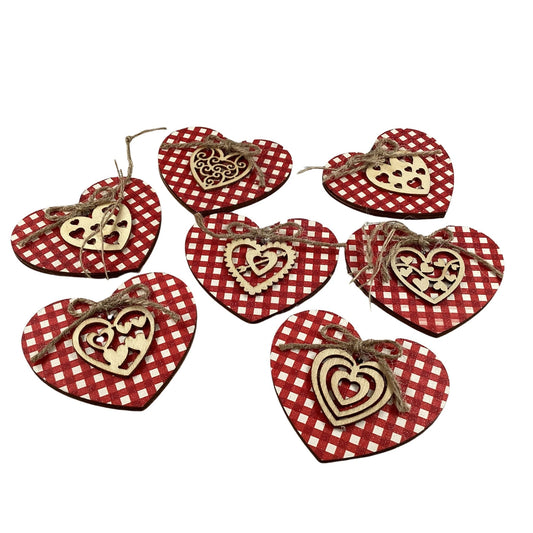 AGD Valentines Decor - Pink Red White Plaid Layer Wood Ornaments 7pc