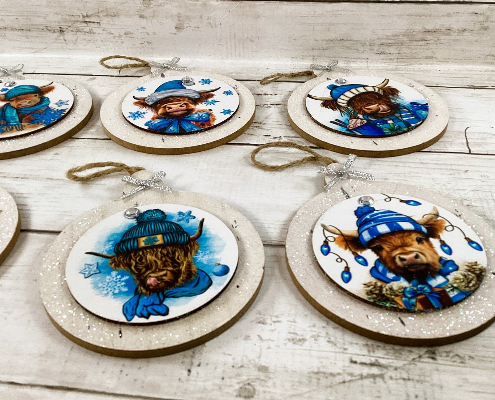 AGD Christmas Decor -  Blue Highland Scottish Cow Ornaments 4pc Set