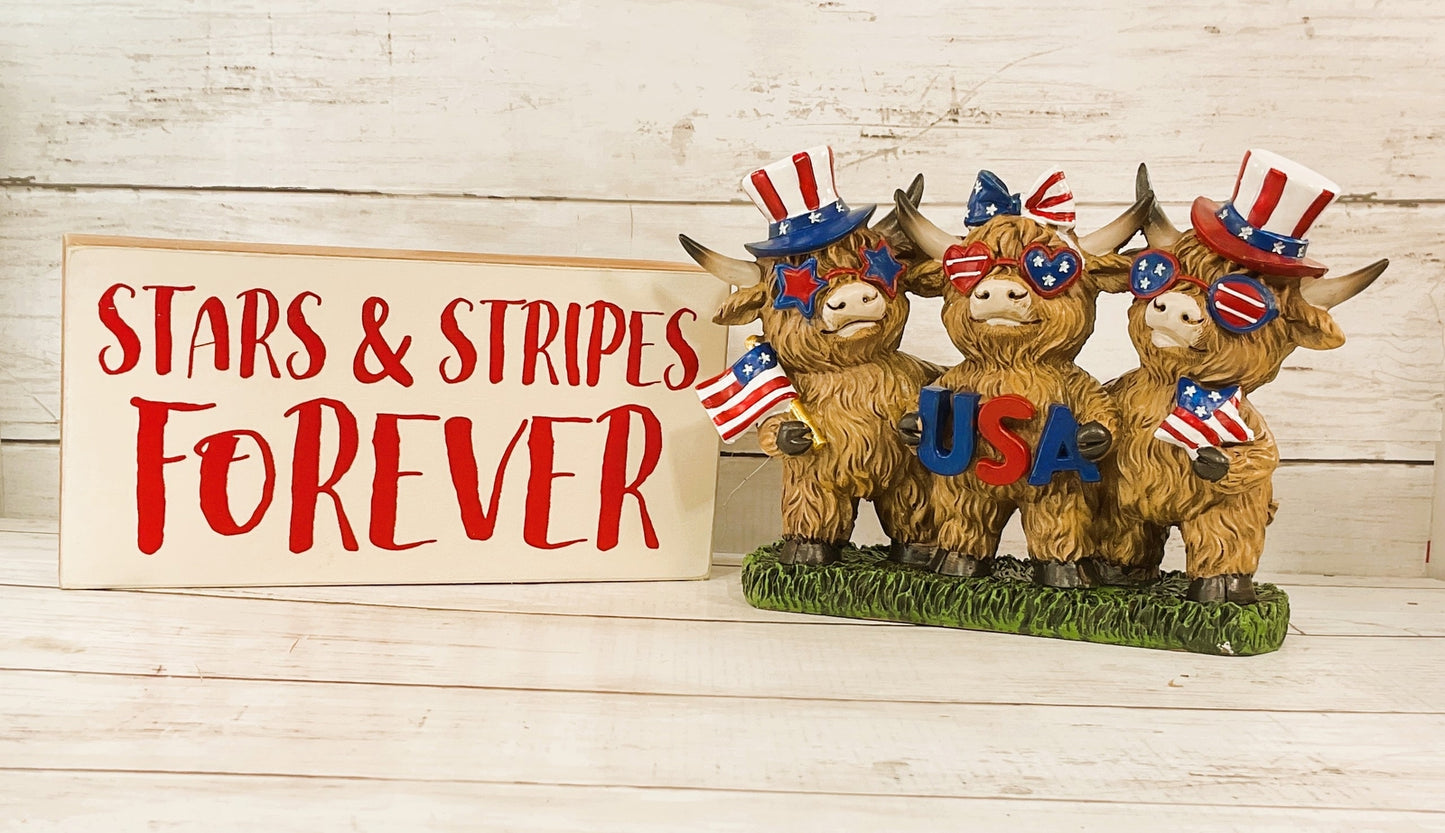 Patriotic Decor - July 4th Resin Highland Cow Trio Figurines w/Bonus Sign