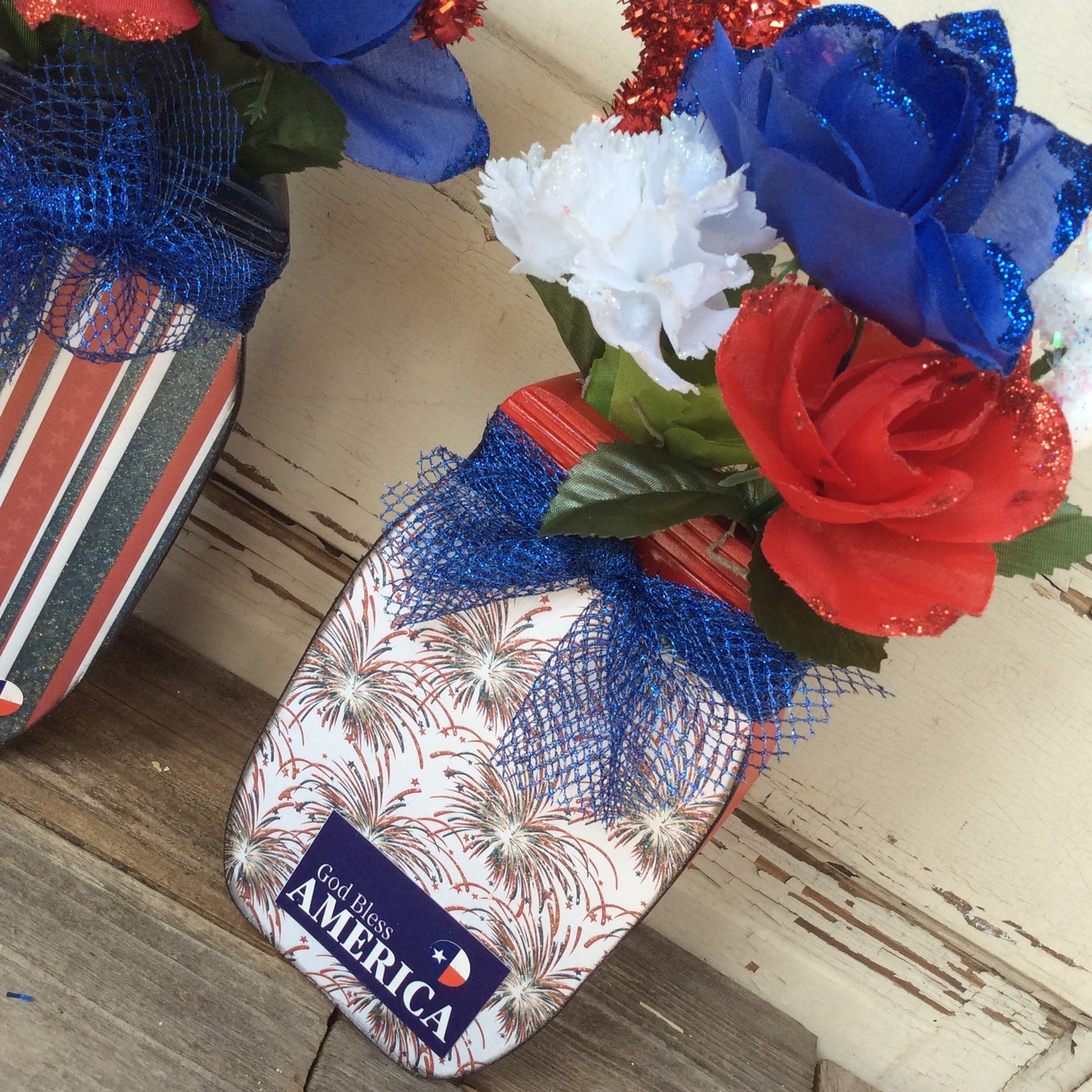 AGD Patriotic Decor - God Bless Stars Stripes Floral Wood Mason Jar 2pc Set