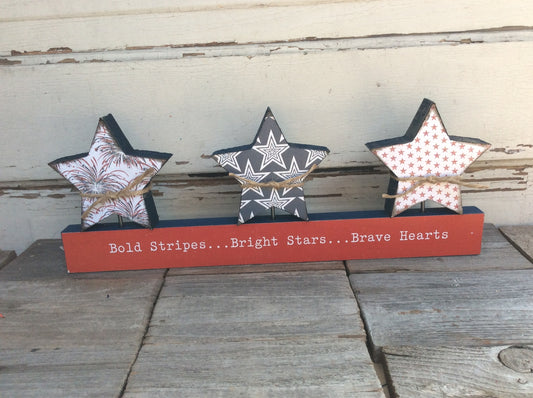 AGD Patriotic Decor - Bold Stripes Bright Stars Brave Hearts Chunky Wood