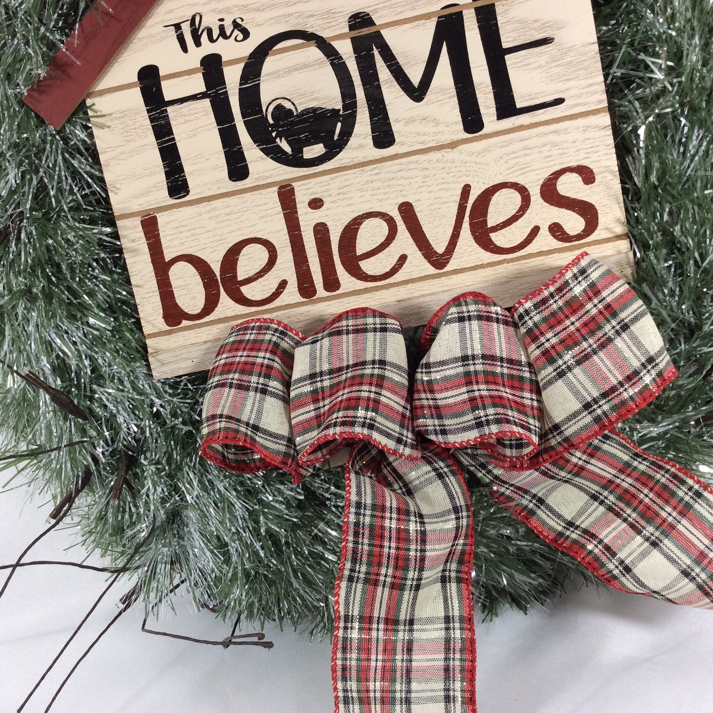 AGD Christmas Decor - Faux Pine This Home Believes Lighted Tinsel Wreath