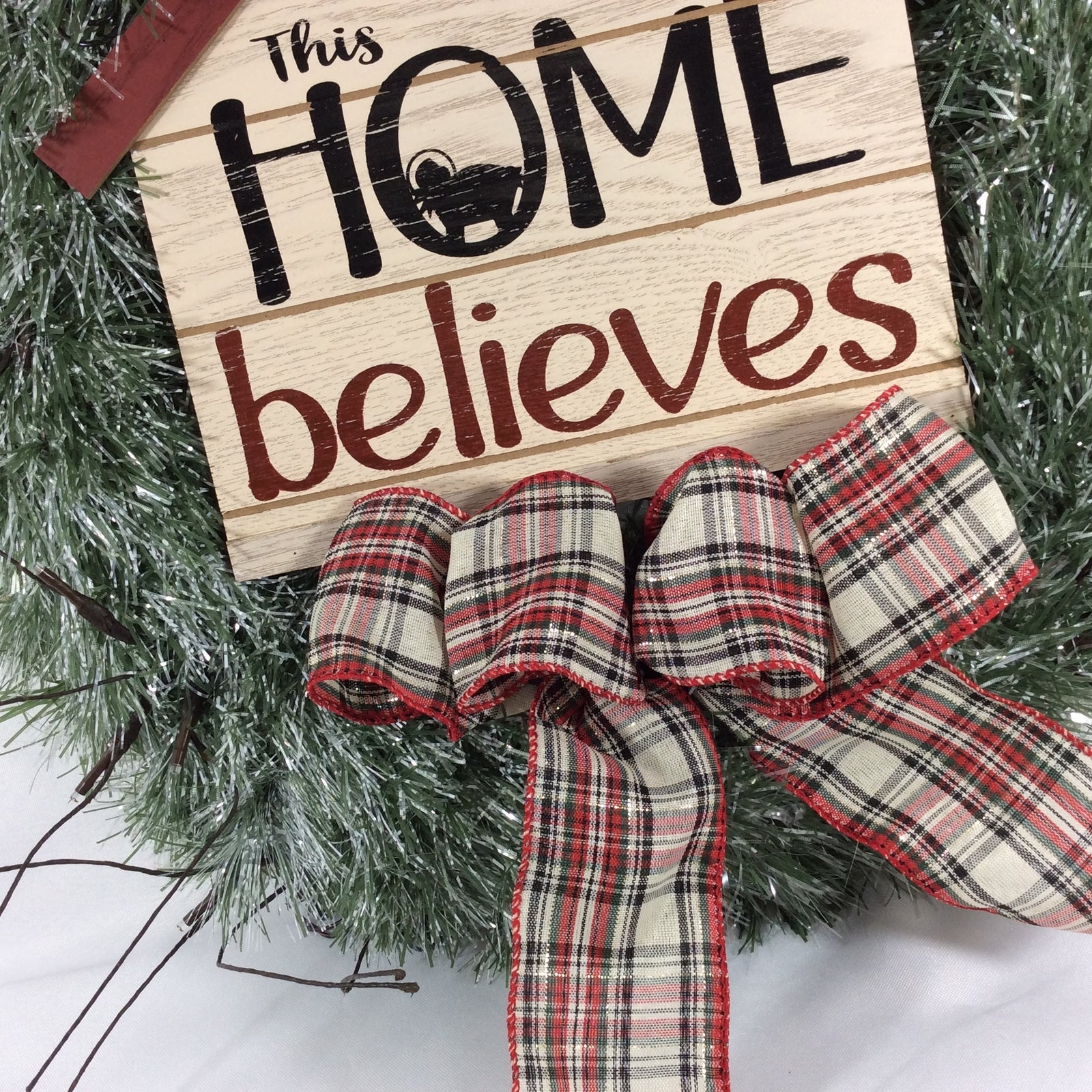 AGD Christmas Decor - Faux Pine This Home Believes Lighted Tinsel Wreath