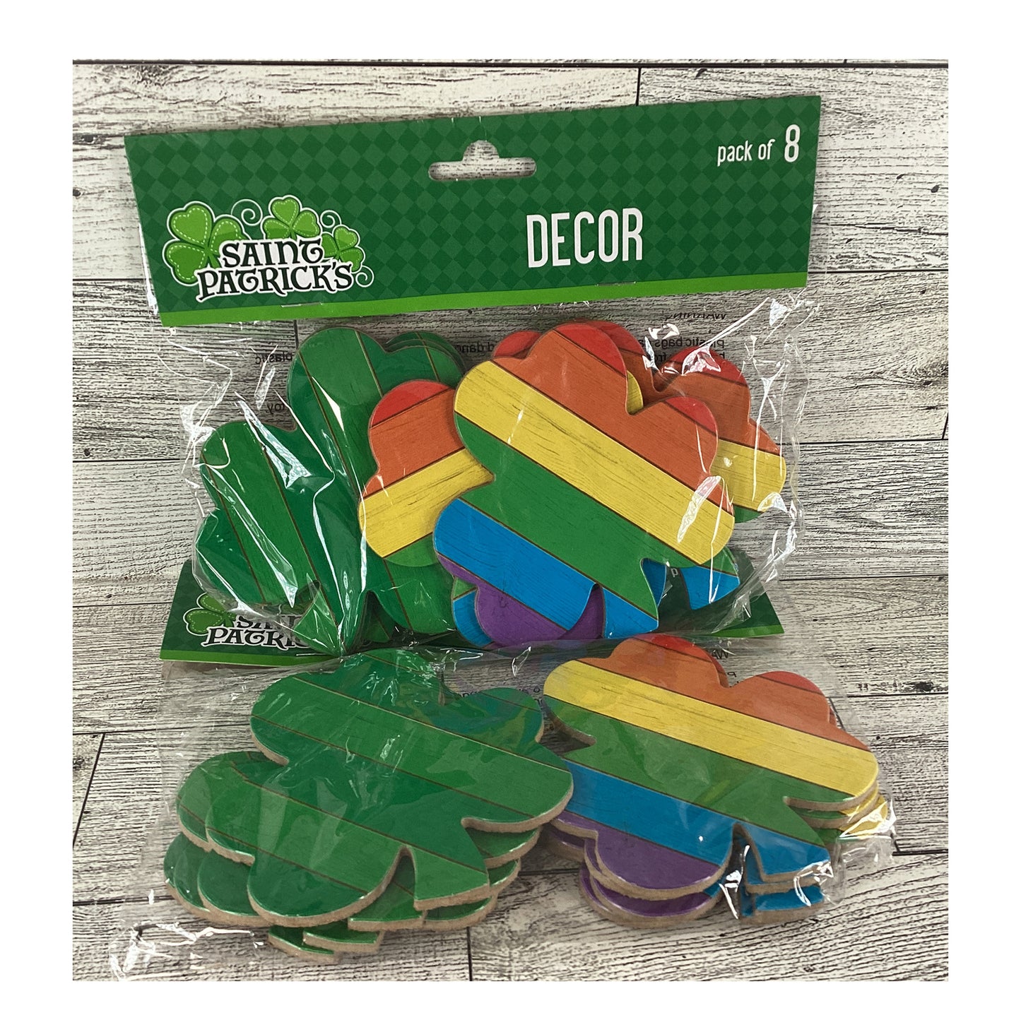 HL St Patrick's Craft Supplies - Wood Rainbow Green Stripe Shamrocks 16pc