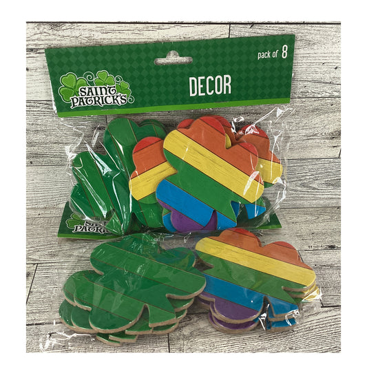 HL St Patrick's Craft Supplies - Wood Rainbow Green Stripe Shamrocks 16pc