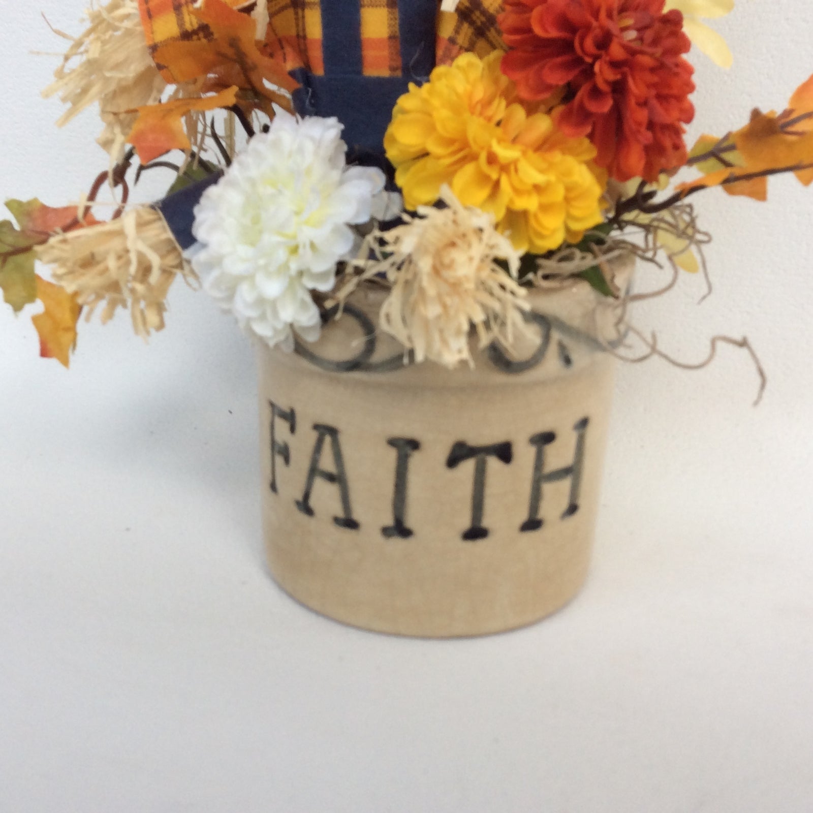 AGD Fall Decor - Faith Floral Flower Scarecrow Crock Display