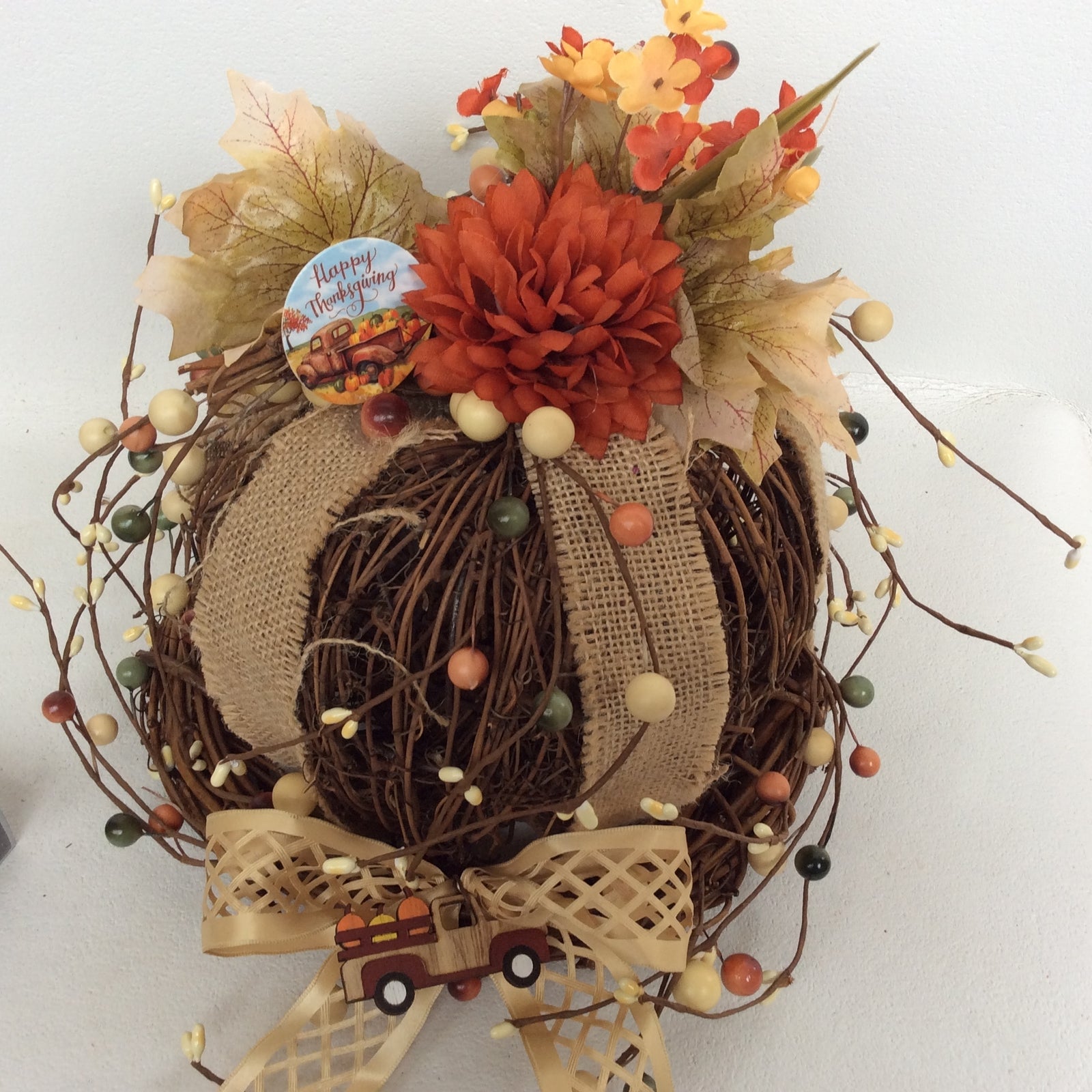 AGD Fall Decor- Happy Thanksgiving Floral Grapevine Pumpkin Display