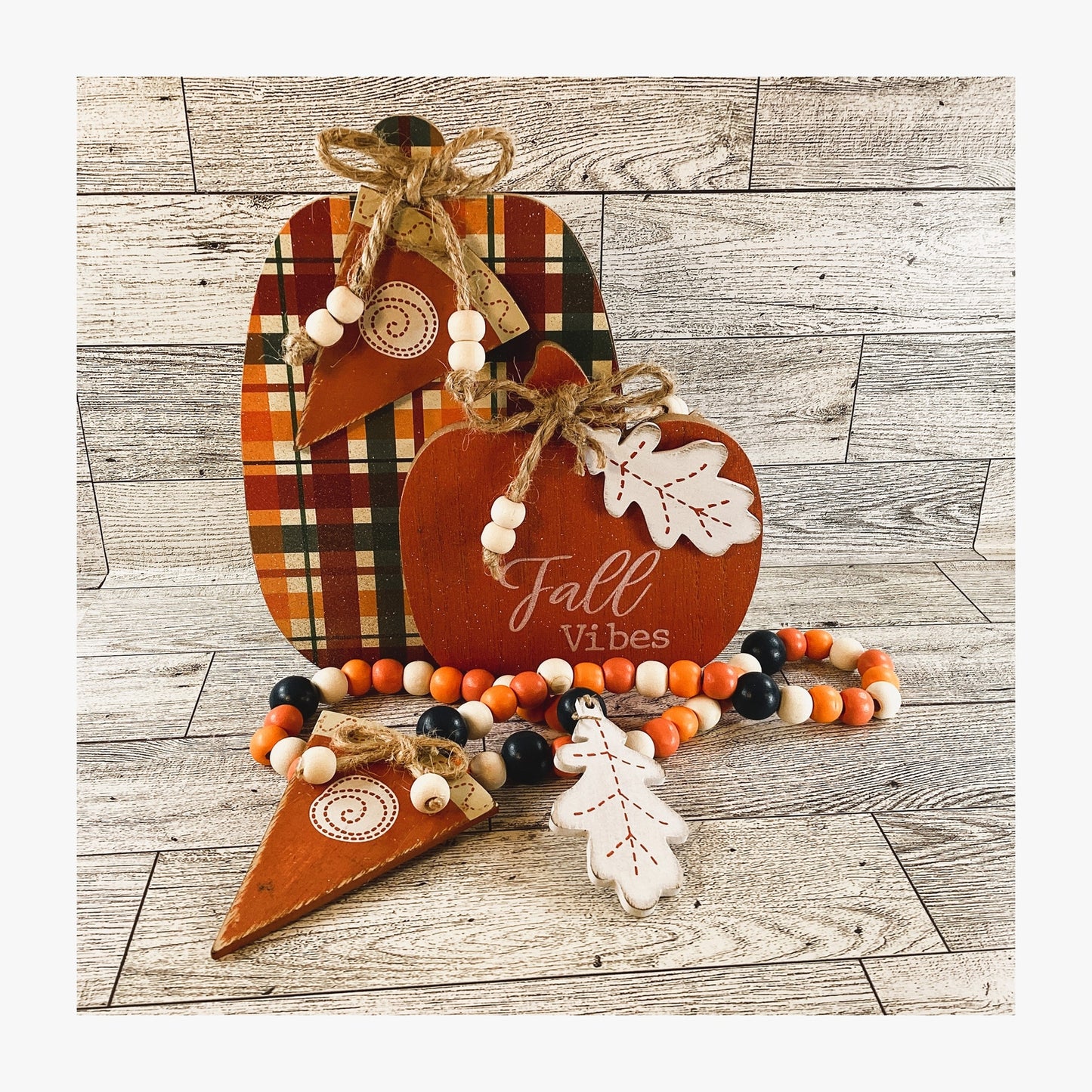 AGD Multi Color Plaid Pumpkin Fall Vibes Sign & Garland Tier Tray