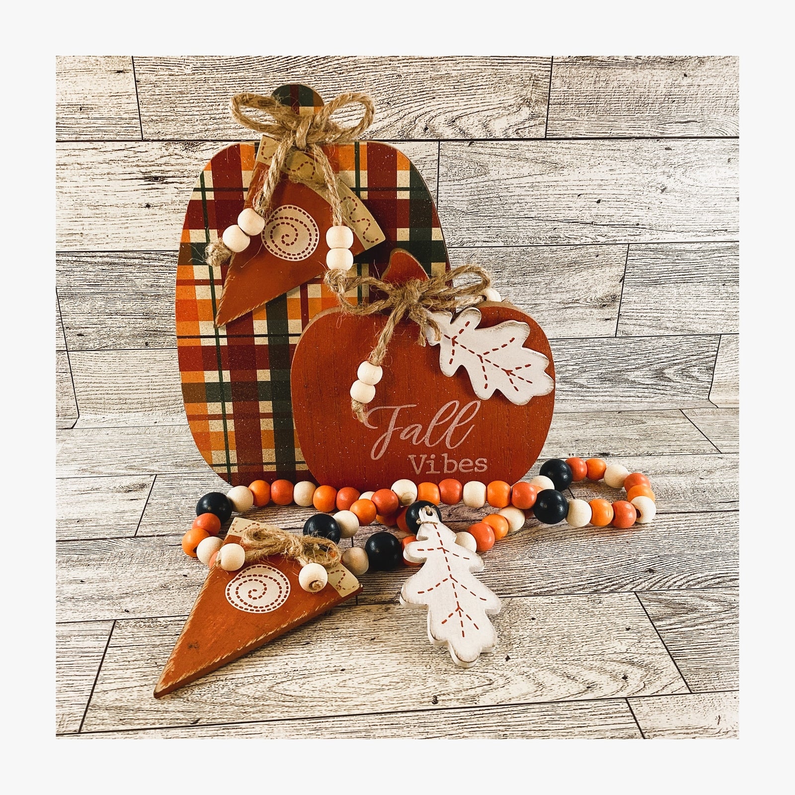 AGD Multi Color Plaid Pumpkin Fall Vibes Sign & Garland Tier Tray