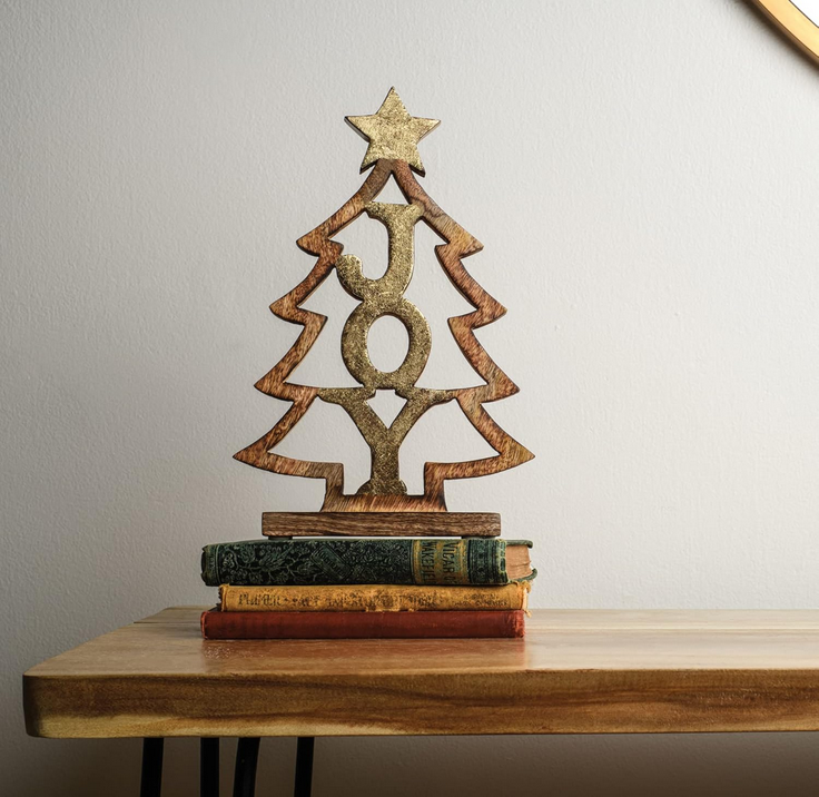 PBK Christmas Decor - Wood Natural Carved Joy Wood Tree