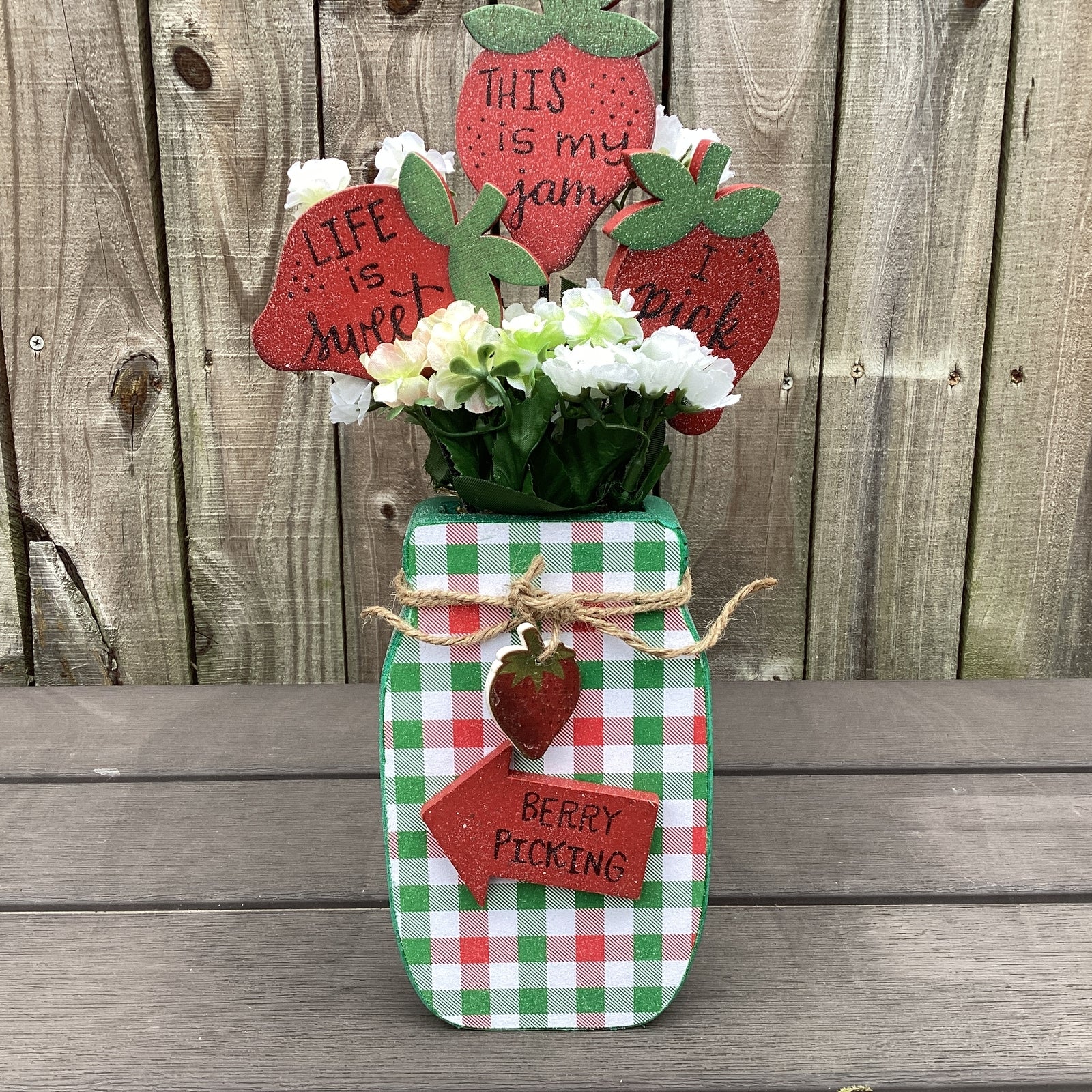 AGD Spring Decor - Summer Strawberry Theme Floral Wood Mason Jar Display