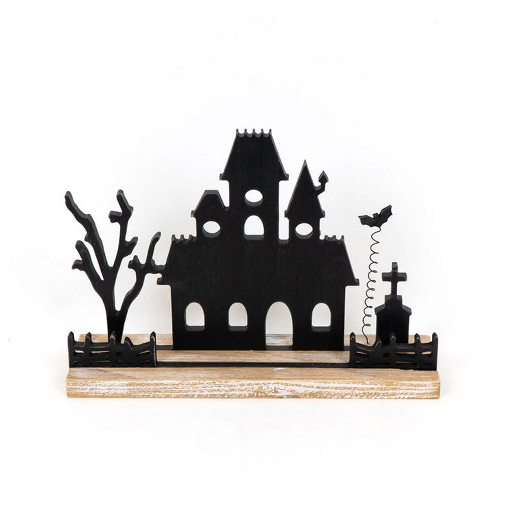 Adams Halloween Decor - Black Wood Haunted House Mansion Silhouette Sitter