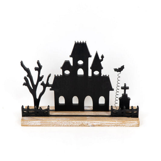 Adams Halloween Decor - Black Wood Haunted House Mansion Silhouette Sitter