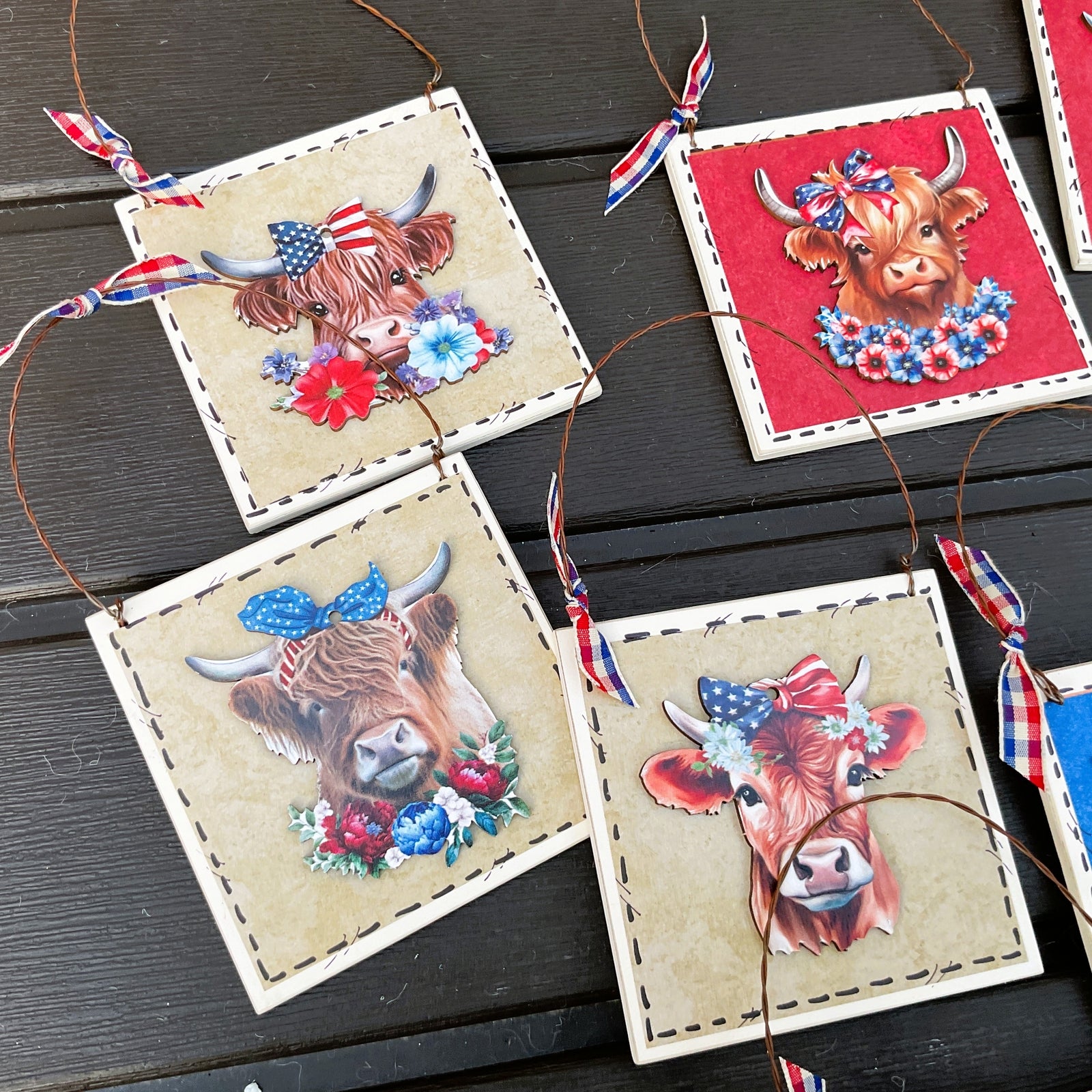 AGD Patriotic Decor - July 4th Highland Cow Metal Star Ornaments 9pc Set