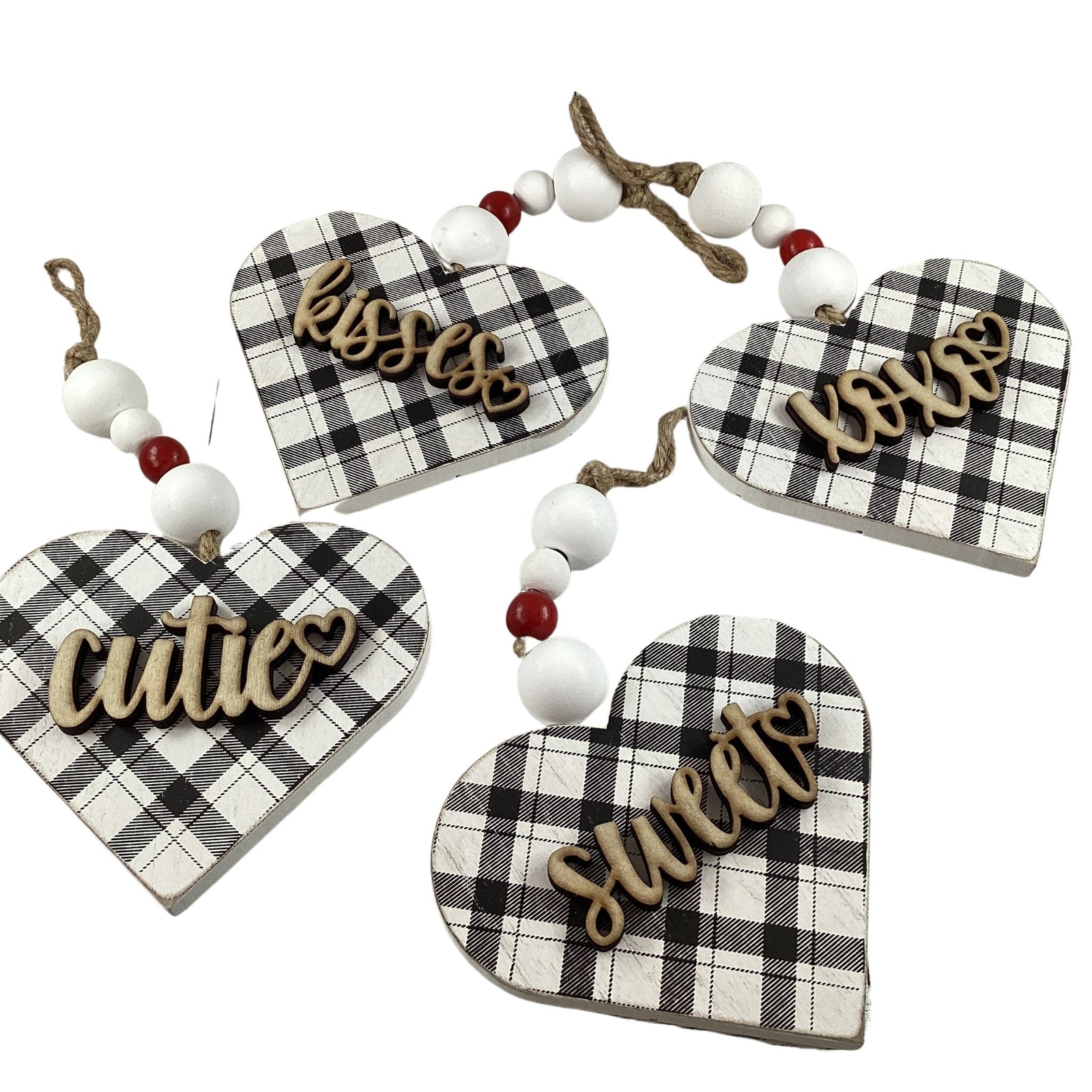 AGD Valentines Decor - Buffalo Plaid Layer Wood Ornaments 4pc Set