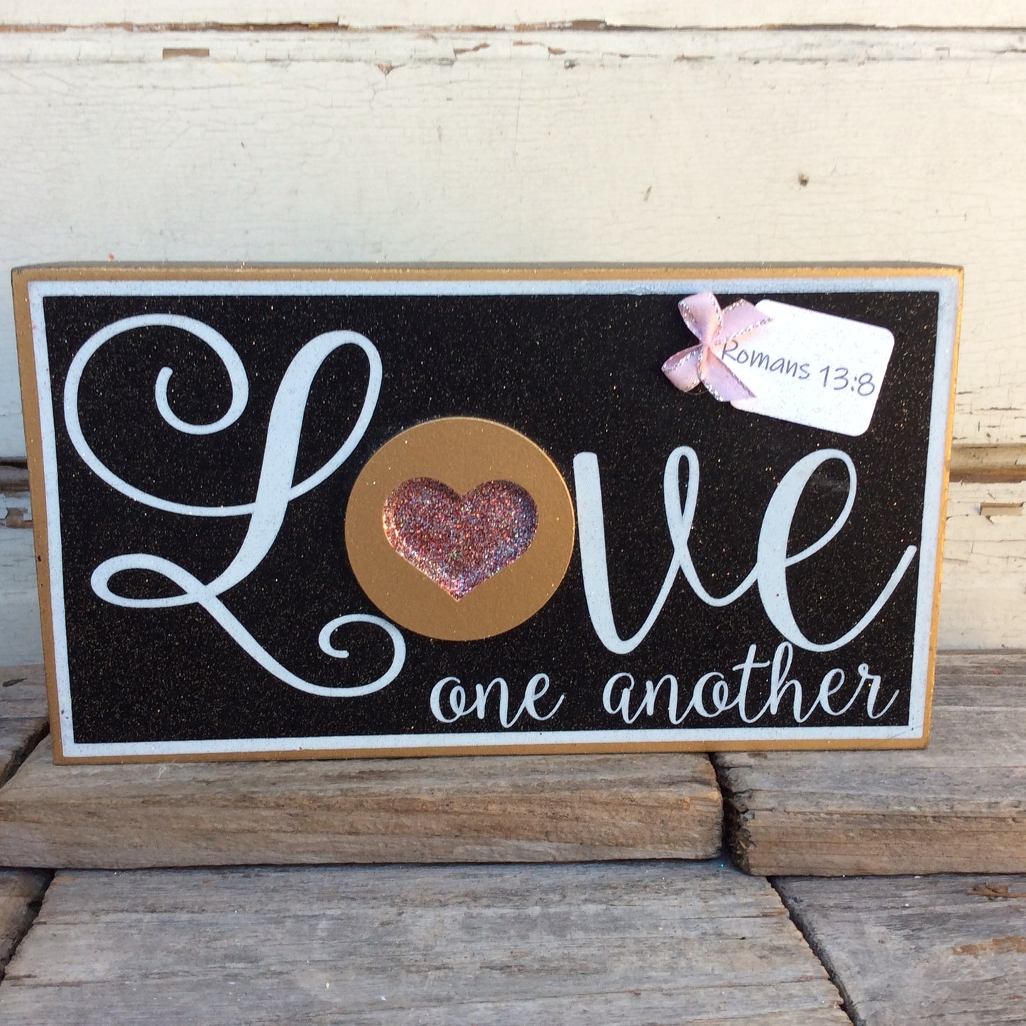 AGD Valentines Decor - Pink Silver Heart Love One Another Romans 13:8