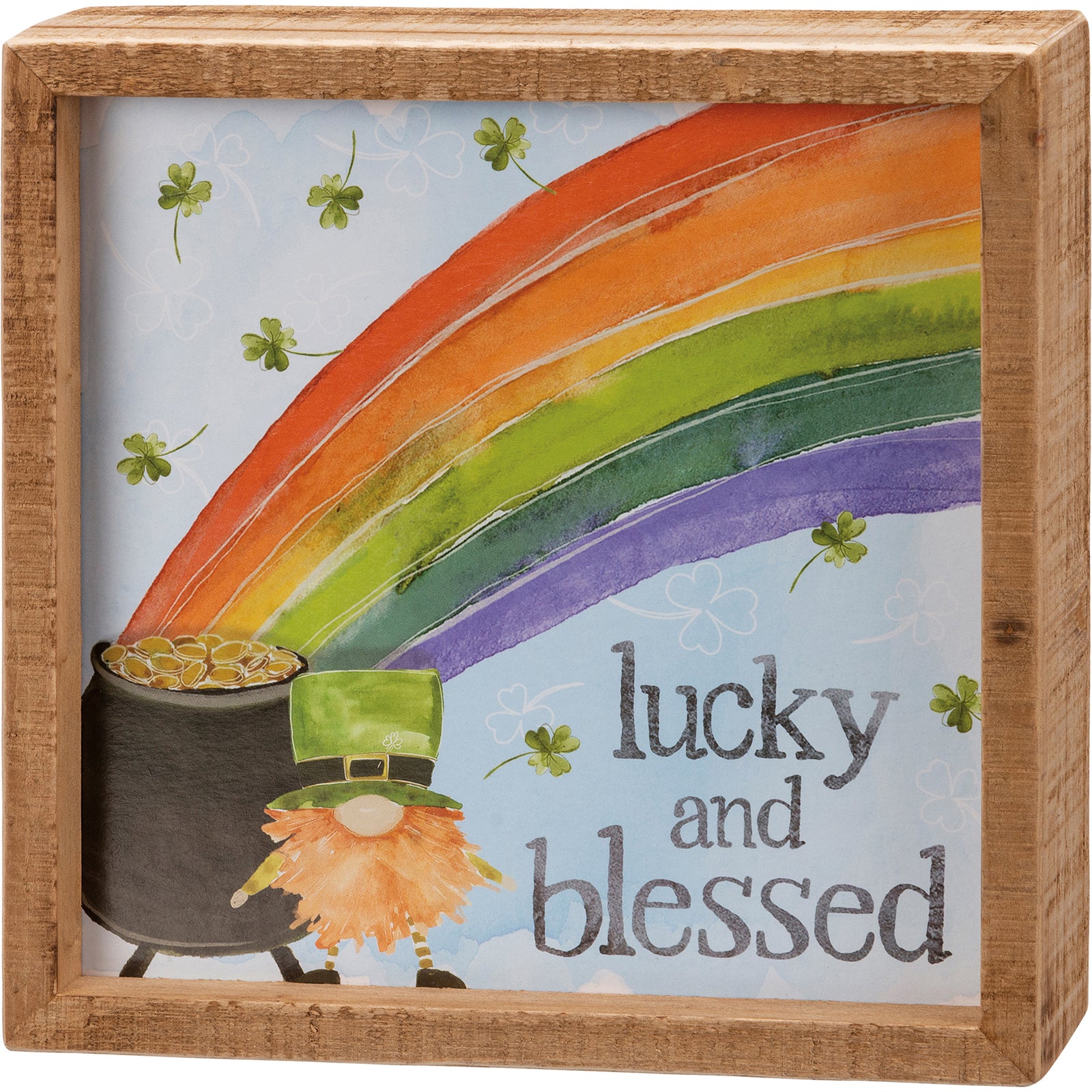 PBK St Patricks Decor - Lucky and Blessed Rainbow Gnome Inset Box Sign