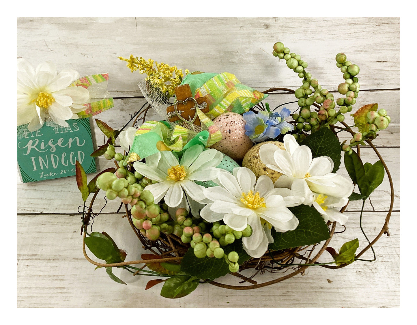 AGD Easter Spring Decor - He Has Risen Floral Birds Nest Display