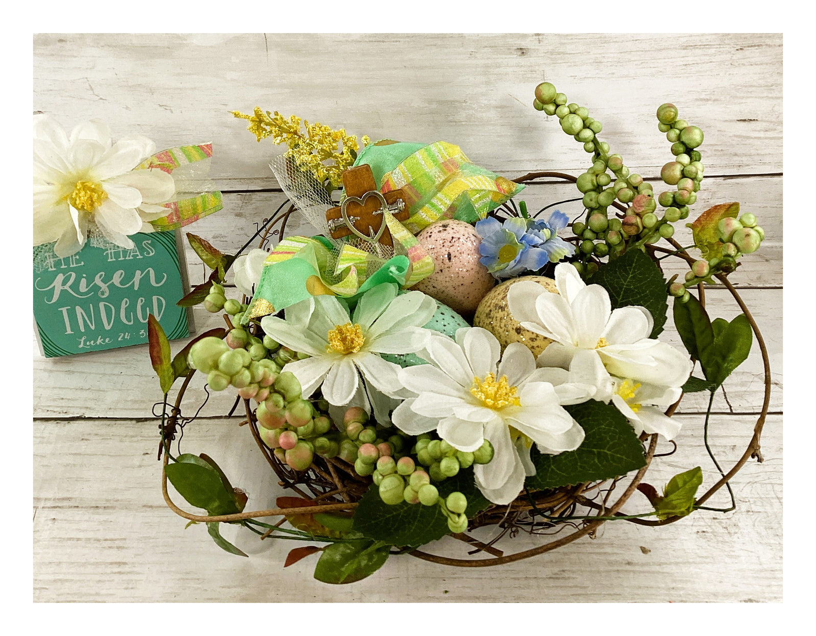 AGD Easter Spring Decor - He Has Risen Floral Birds Nest Display