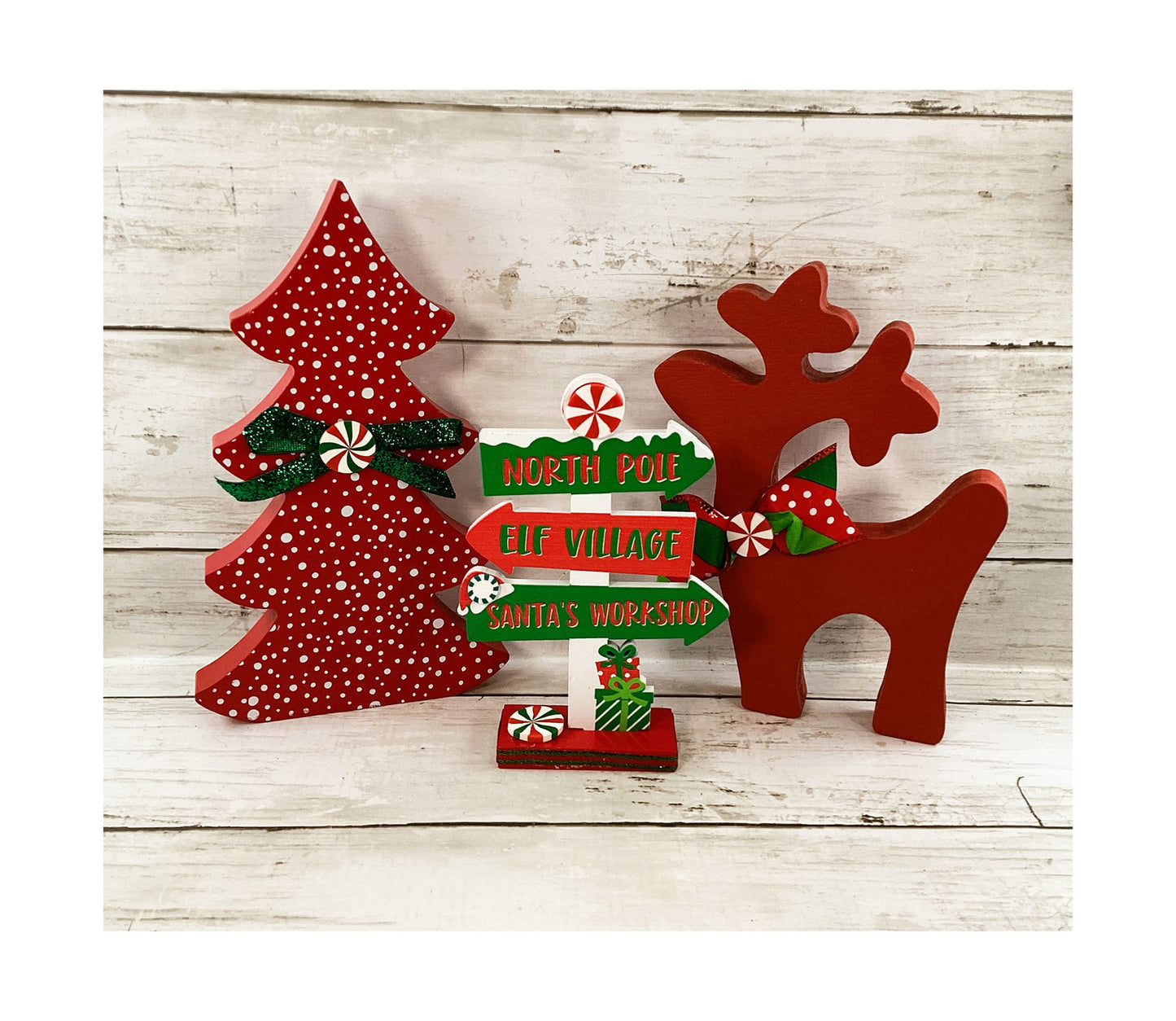 AGD Christmas Decor - Red White Green Tree Directional Sign Reindeer 3pc