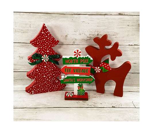 AGD Christmas Decor - Red White Green Tree Directional Sign Reindeer 3pc