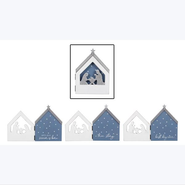 Youngs Christmas Decor - Blue Silver Nativity Theme Silhouette Sign 3pc Set