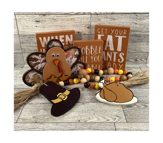 AGD Fall Decor - Wood Turkey Gobble Fat Pants Gravy Pilgrim Garland Tier Tray