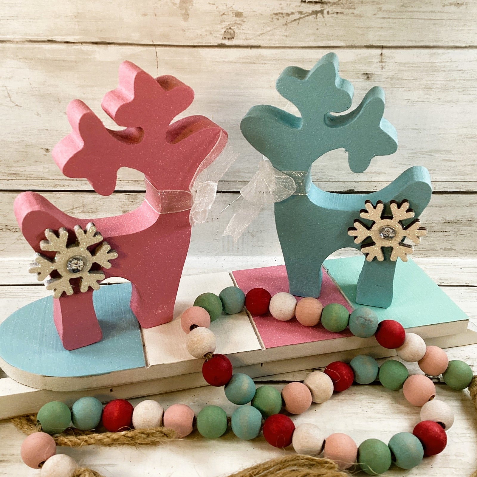 AGD Christmas Decor - Pastel Mid Century Sled Reindeer Tier Tray 4pc Set