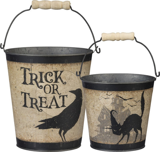 PBK Halloween Decor - Vintage Trick Treat Crow Cat Candy Bucket Set 2pc