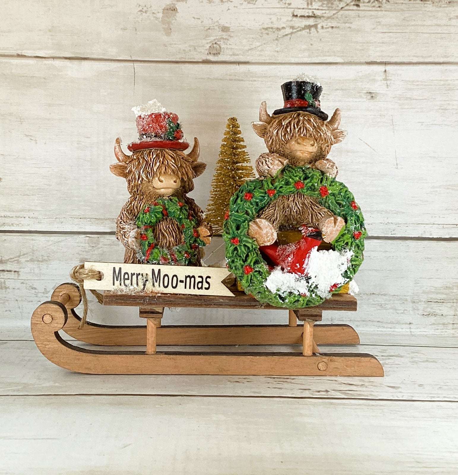 AGD Christmas Decor - Merry Moo-mas Highland Scottish Cow Sled Decor