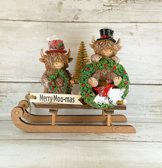 AGD Christmas Decor - Merry Moo-mas Highland Scottish Cow Sled Decor