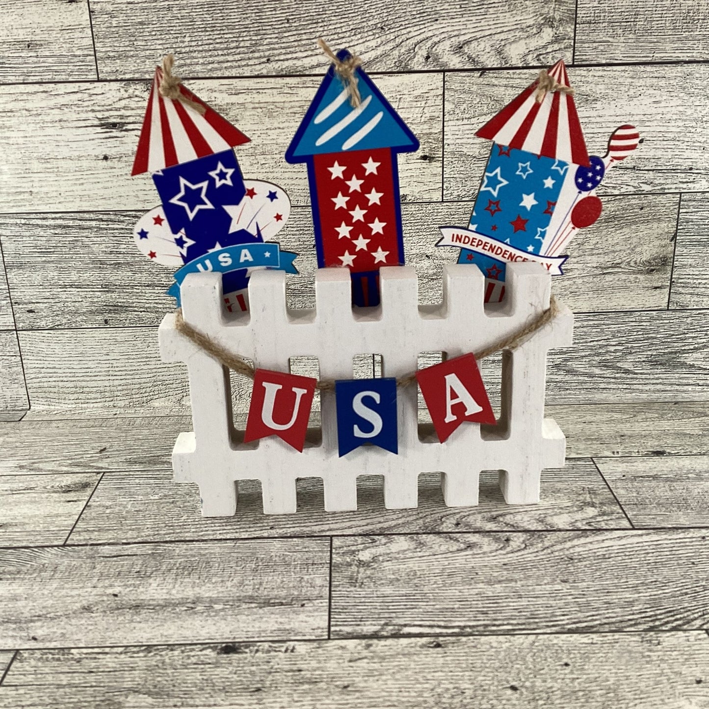 AGD Patriotic Decor - Chunky Wood USA Fireworks Fence Sitter