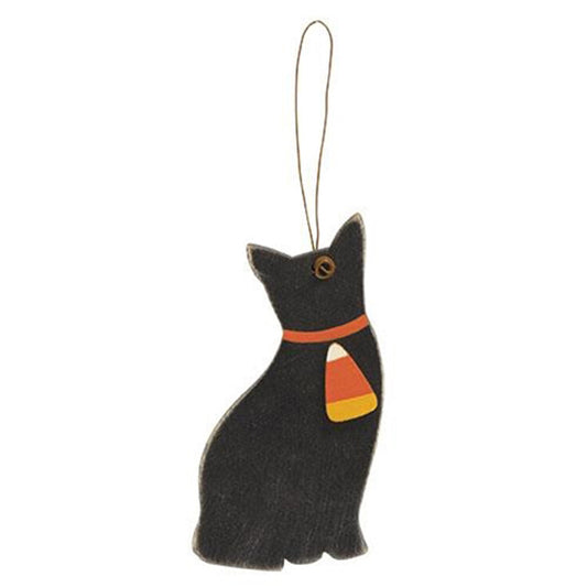 CWI Halloween Decor - Small Prim Black Cat with Candy Corn Ornament
