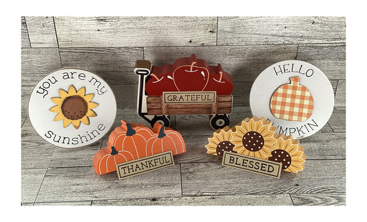 AGD Fall Decor - Chunky Wood Wagon Apple Sunflower Pumpkin Tier Tray