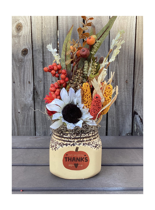 AGD Fall Decor - Thanks Farmhouse Floral Filled Crock Display