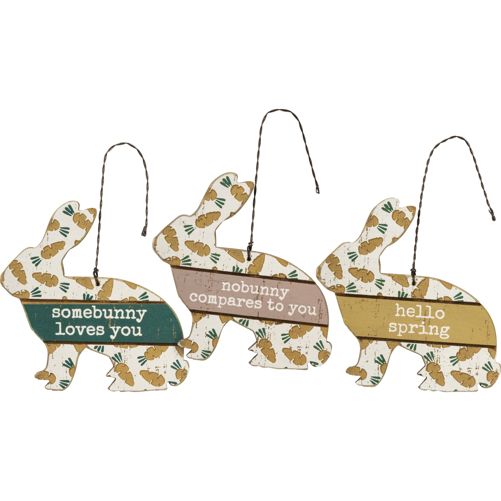 PBK  Easter Spring Decor - Wood Debossed Small Bunny Ornaments 3pc Set