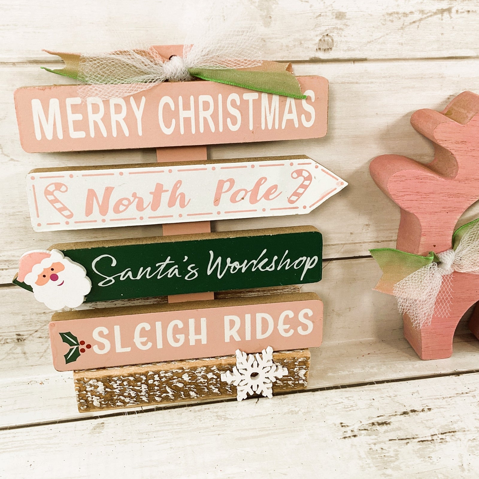AGD Christmas Decor - Retro Pink Green Reindeer Directional Sign 2pc
