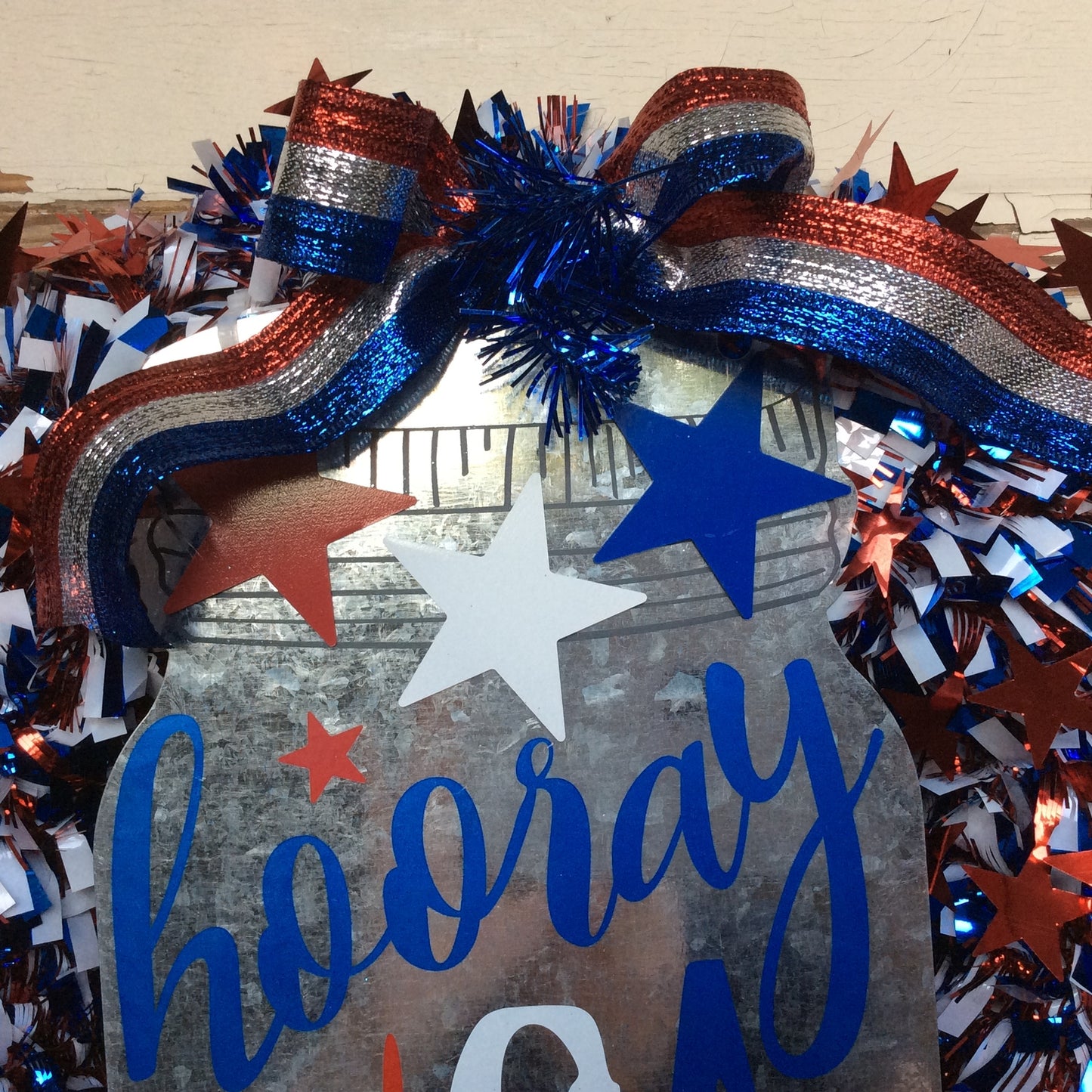AGD Patriotic Decor - Hooray USA Metal Mason Jar Tinsel Wreath